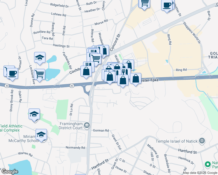 map of restaurants, bars, coffee shops, grocery stores, and more near 277 Massachusetts 9 in Framingham