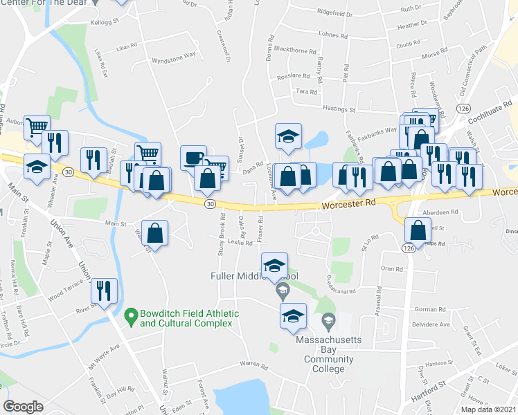 map of restaurants, bars, coffee shops, grocery stores, and more near 545 Worcester Road in Framingham
