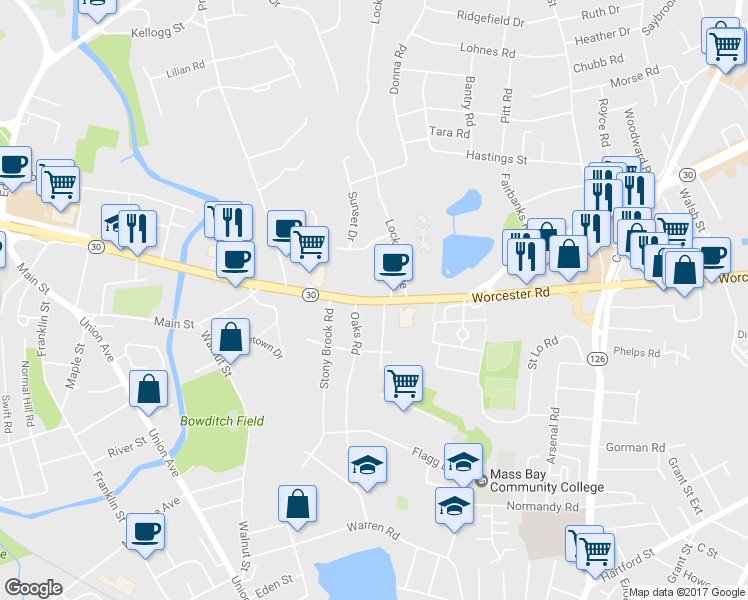 map of restaurants, bars, coffee shops, grocery stores, and more near 551 Worcester Road in Framingham