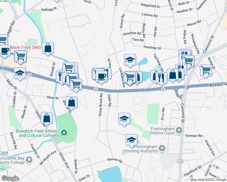 map of restaurants, bars, coffee shops, grocery stores, and more near 571 Worcester Road in Framingham