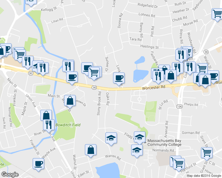 map of restaurants, bars, coffee shops, grocery stores, and more near 557 Worcester Road in Framingham