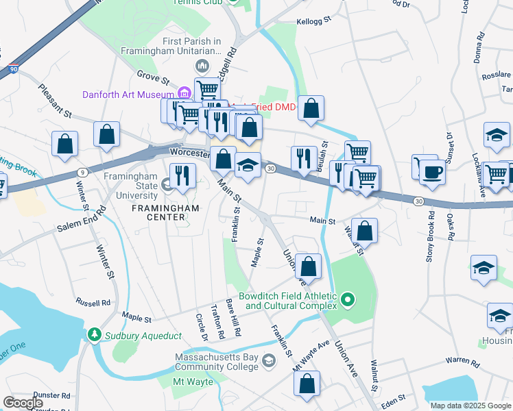map of restaurants, bars, coffee shops, grocery stores, and more near 8 Wheeler Avenue in Framingham