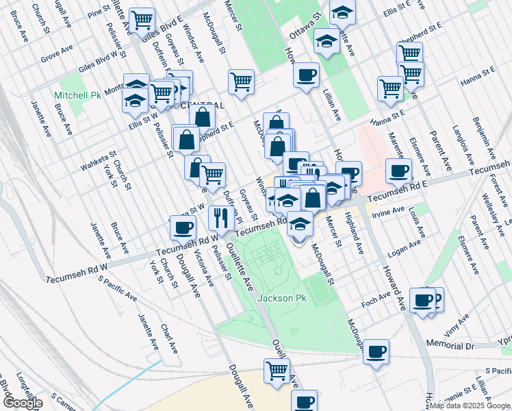 map of restaurants, bars, coffee shops, grocery stores, and more near 1619 Windsor Avenue in Windsor