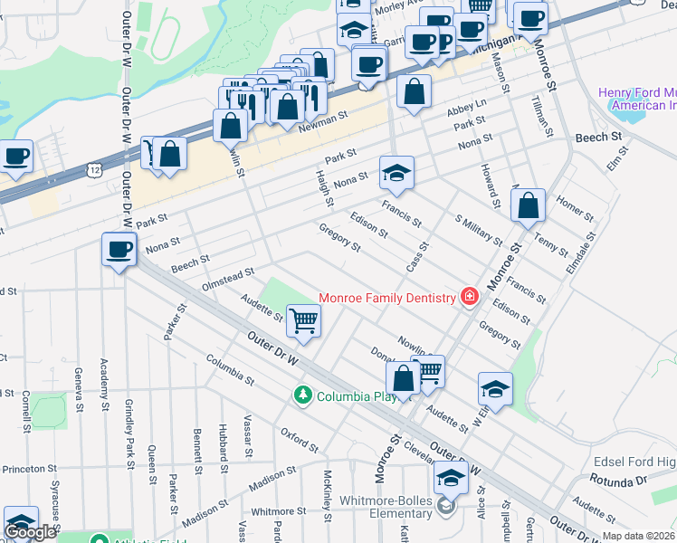 map of restaurants, bars, coffee shops, grocery stores, and more near 22515 Gregory Street in Dearborn