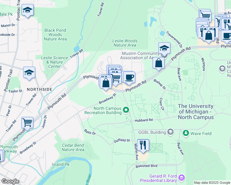 map of restaurants, bars, coffee shops, grocery stores, and more near 1759 Plymouth Road in Ann Arbor