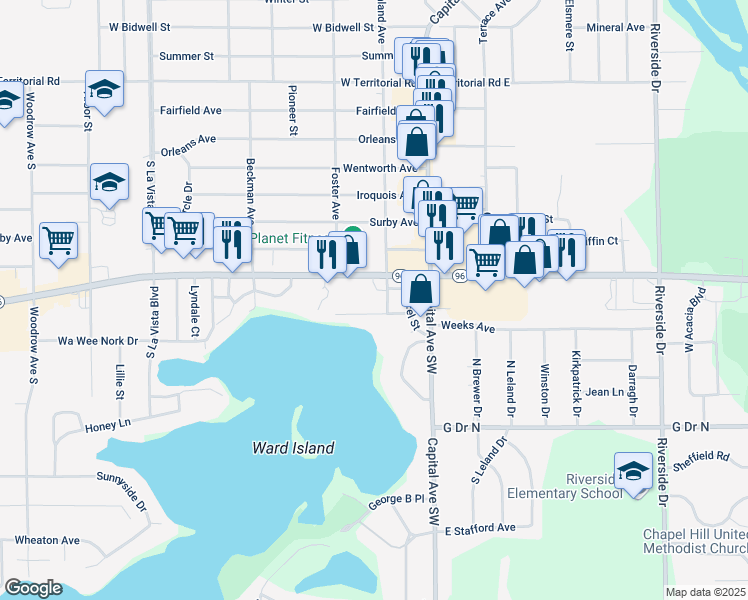map of restaurants, bars, coffee shops, grocery stores, and more near 207 West Columbia Avenue in Battle Creek