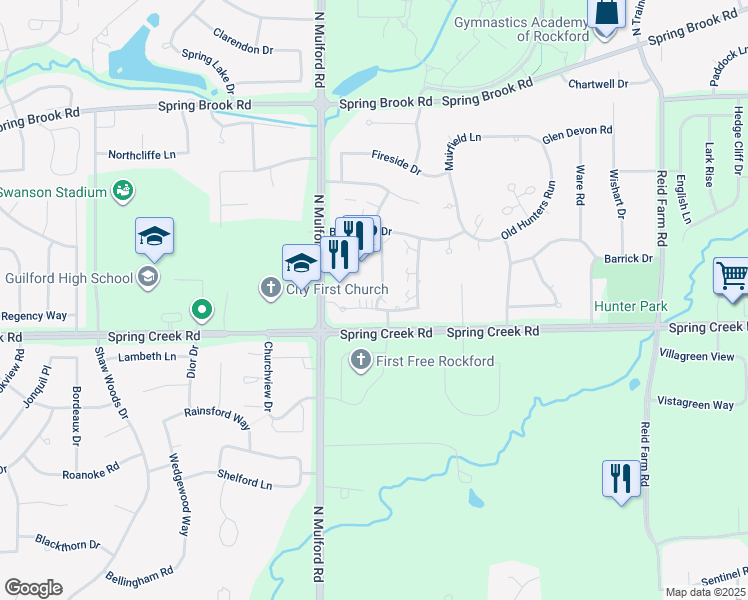 map of restaurants, bars, coffee shops, grocery stores, and more near 2599 North Mulford Road in Rockford