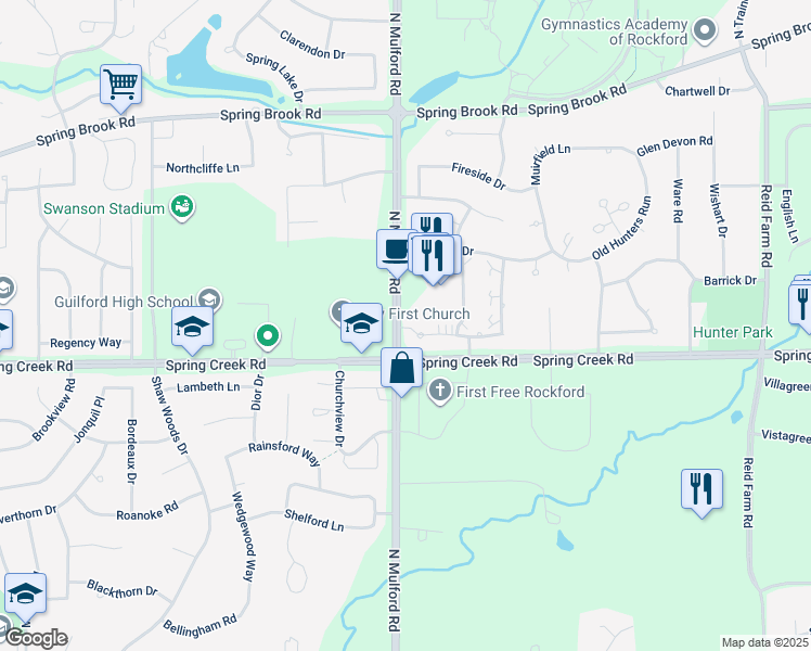 map of restaurants, bars, coffee shops, grocery stores, and more near 2581 North Mulford Road in Rockford