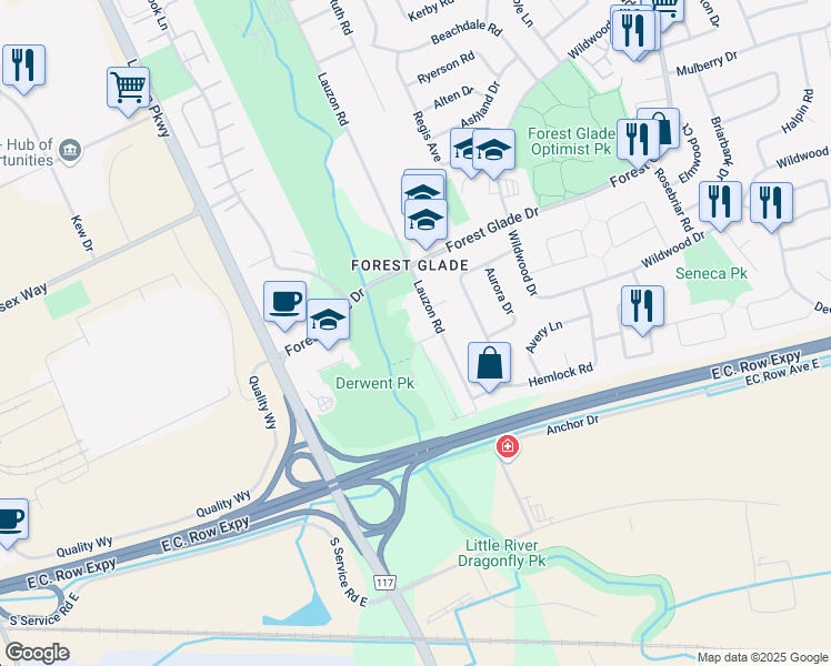 map of restaurants, bars, coffee shops, grocery stores, and more near 3239 Lauzon Road in Windsor