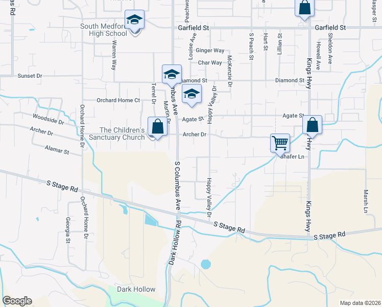 map of restaurants, bars, coffee shops, grocery stores, and more near 1228 Shafer Lane in Medford