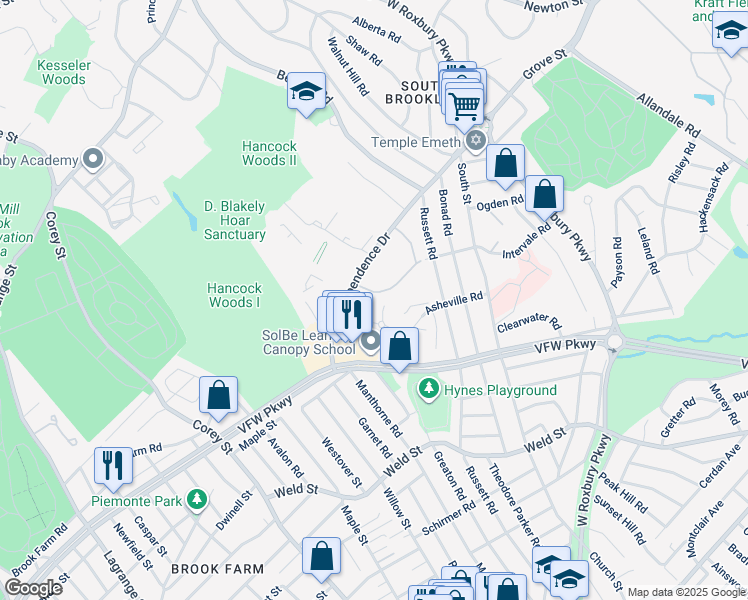 map of restaurants, bars, coffee shops, grocery stores, and more near 91 Thornton Road in Brookline