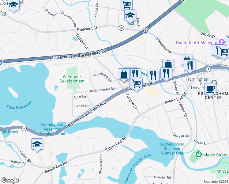 map of restaurants, bars, coffee shops, grocery stores, and more near 1299 Worcester Road in Framingham