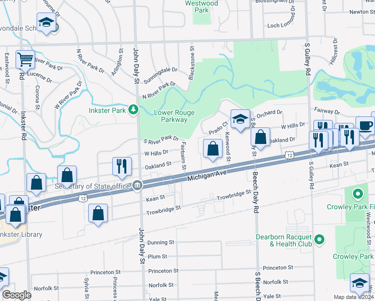 map of restaurants, bars, coffee shops, grocery stores, and more near 1609 Fairbairn Street in Inkster
