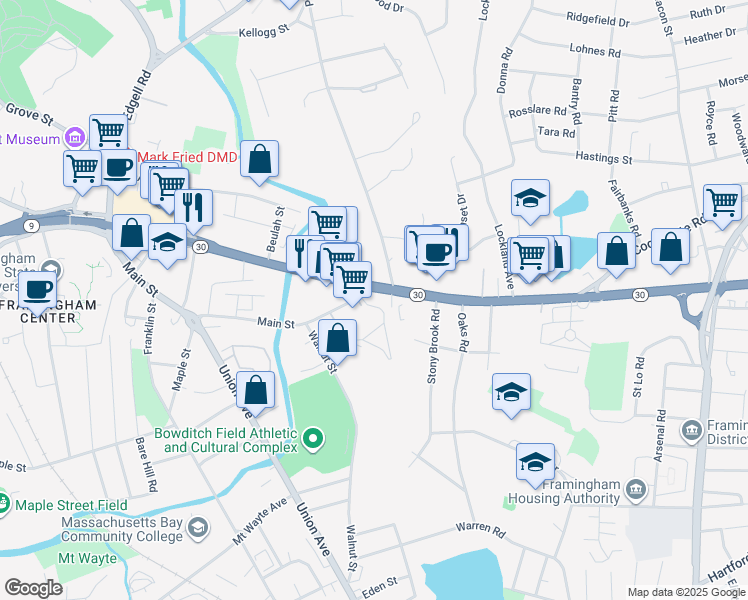map of restaurants, bars, coffee shops, grocery stores, and more near 640 Worcester Road in Framingham