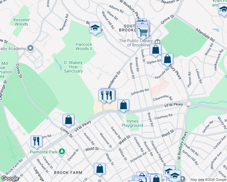 map of restaurants, bars, coffee shops, grocery stores, and more near 91 Thornton Road in Brookline