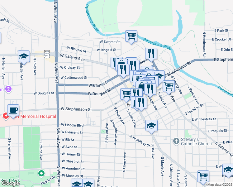map of restaurants, bars, coffee shops, grocery stores, and more near 302 West Exchange Street in Freeport