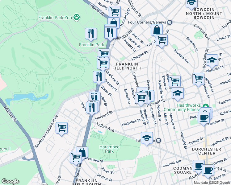 map of restaurants, bars, coffee shops, grocery stores, and more near 59 Esmond Street in Boston