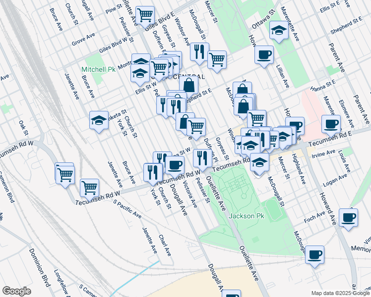 map of restaurants, bars, coffee shops, grocery stores, and more near 74 Hanna Street West in Windsor