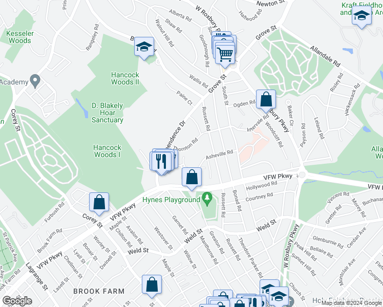 map of restaurants, bars, coffee shops, grocery stores, and more near 92 Thornton Road in Brookline