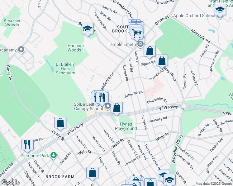 map of restaurants, bars, coffee shops, grocery stores, and more near 91 Thornton Road in Brookline