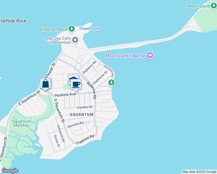 map of restaurants, bars, coffee shops, grocery stores, and more near 153 Bayside Road in Quincy