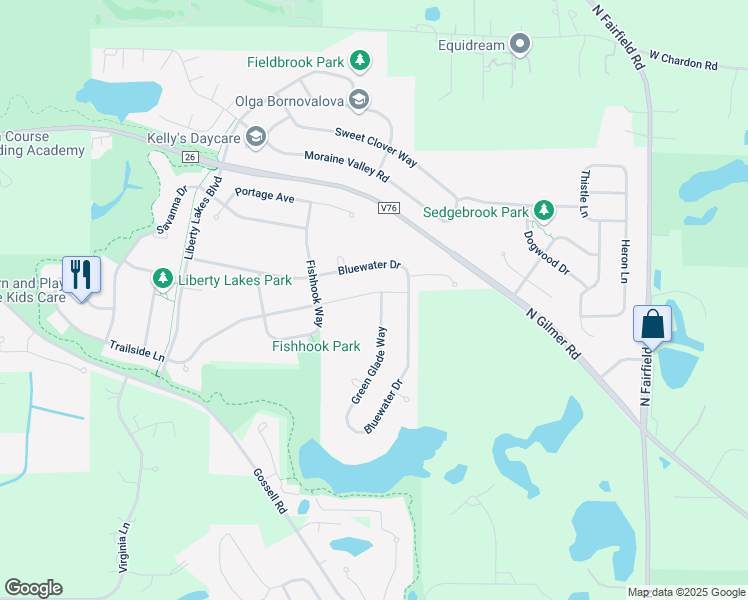 map of restaurants, bars, coffee shops, grocery stores, and more near 2546 Bluewater Drive in Wauconda