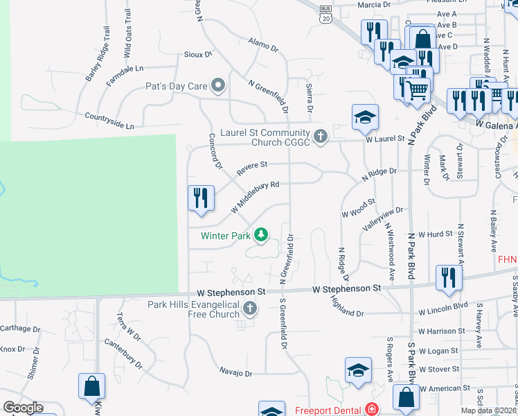 map of restaurants, bars, coffee shops, grocery stores, and more near 2001 West Middlebury Road in Freeport