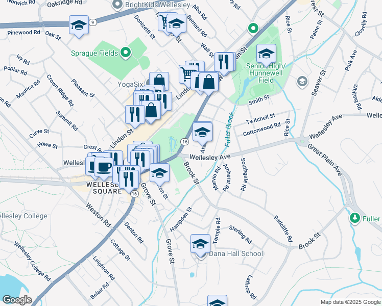map of restaurants, bars, coffee shops, grocery stores, and more near 10 Wellesley Avenue in Wellesley