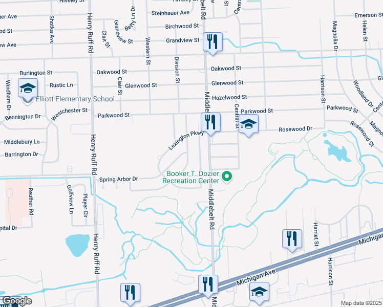 map of restaurants, bars, coffee shops, grocery stores, and more near 1552 Meadow Lane in Inkster