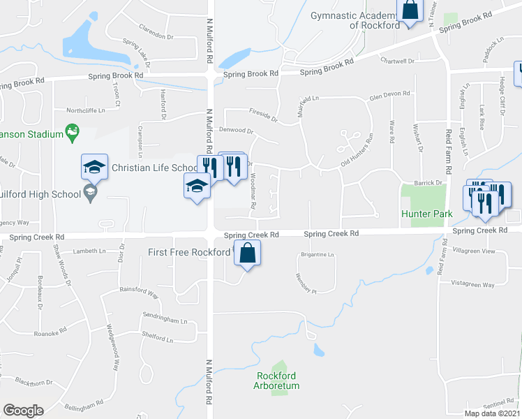 map of restaurants, bars, coffee shops, grocery stores, and more near 6130 Boxwood Drive in Rockford