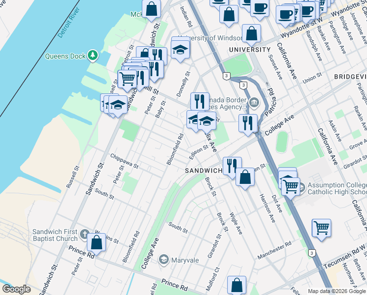 map of restaurants, bars, coffee shops, grocery stores, and more near 3275 Bloomfield Road in Windsor