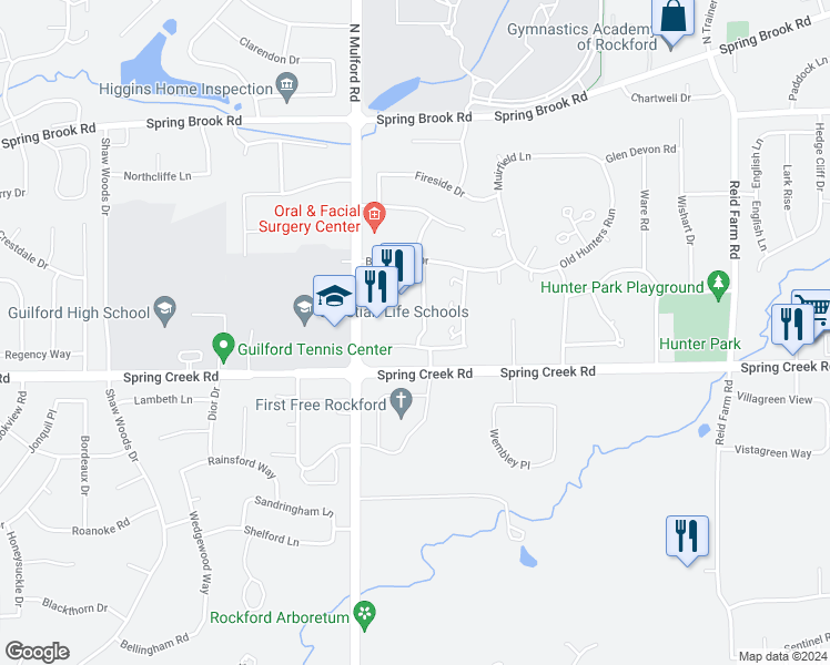 map of restaurants, bars, coffee shops, grocery stores, and more near 6078 Boxwood Drive in Rockford