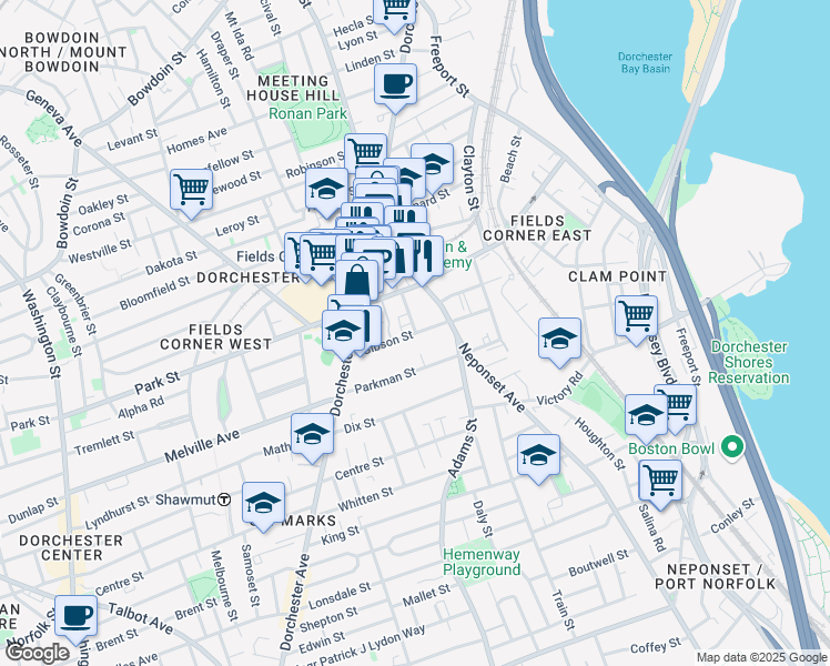 map of restaurants, bars, coffee shops, grocery stores, and more near 60 Gibson Street in Boston