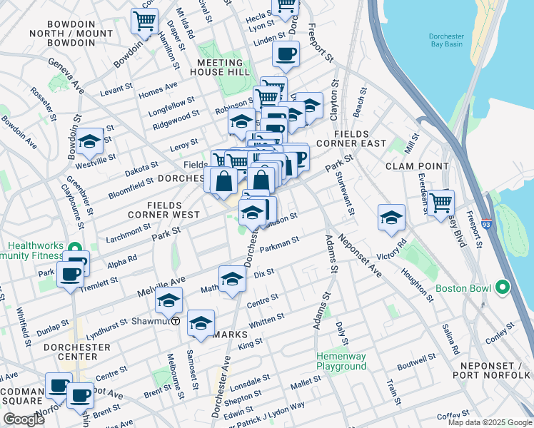 map of restaurants, bars, coffee shops, grocery stores, and more near 189 Park Street in Boston