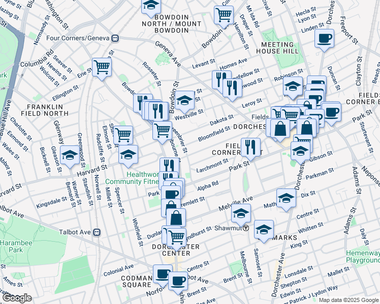map of restaurants, bars, coffee shops, grocery stores, and more near 94 Bloomfield Street in Boston