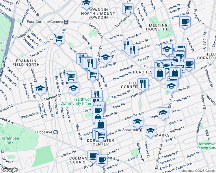 map of restaurants, bars, coffee shops, grocery stores, and more near 94 Bloomfield Street in Boston