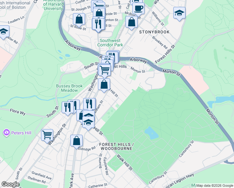 map of restaurants, bars, coffee shops, grocery stores, and more near 48 Woodlawn Street in Boston
