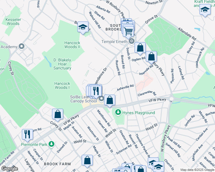 map of restaurants, bars, coffee shops, grocery stores, and more near 91 Thornton Road in Brookline