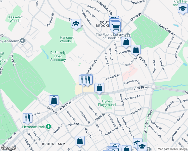 map of restaurants, bars, coffee shops, grocery stores, and more near 91 Thornton Road in Brookline