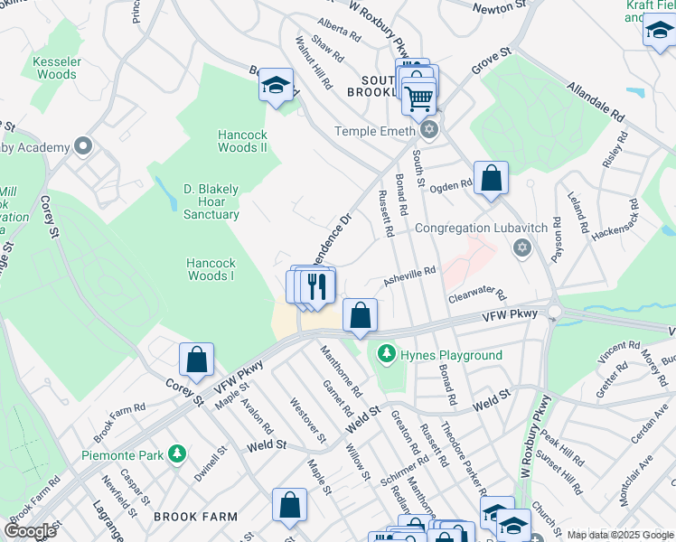 map of restaurants, bars, coffee shops, grocery stores, and more near 91 Thornton Road in Brookline