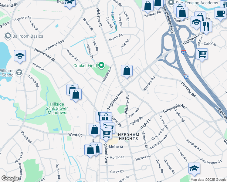 map of restaurants, bars, coffee shops, grocery stores, and more near 253 Webster Street in Needham