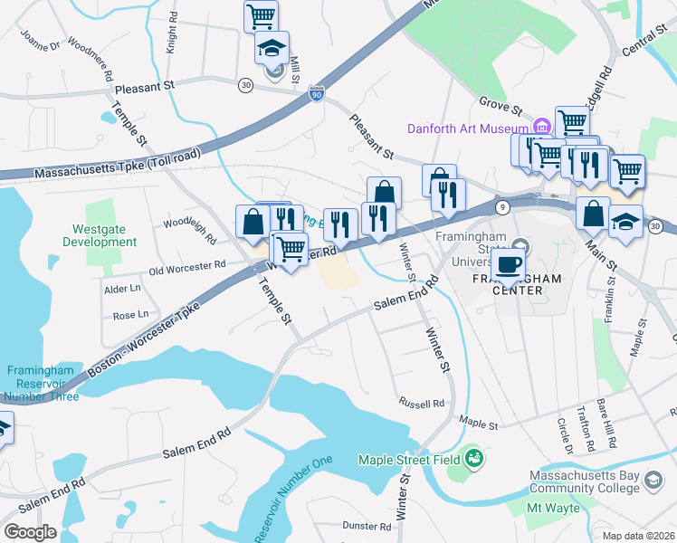 map of restaurants, bars, coffee shops, grocery stores, and more near 1170 Worcester Road in Framingham