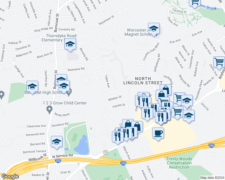 map of restaurants, bars, coffee shops, grocery stores, and more near 15 Darling Street in Worcester