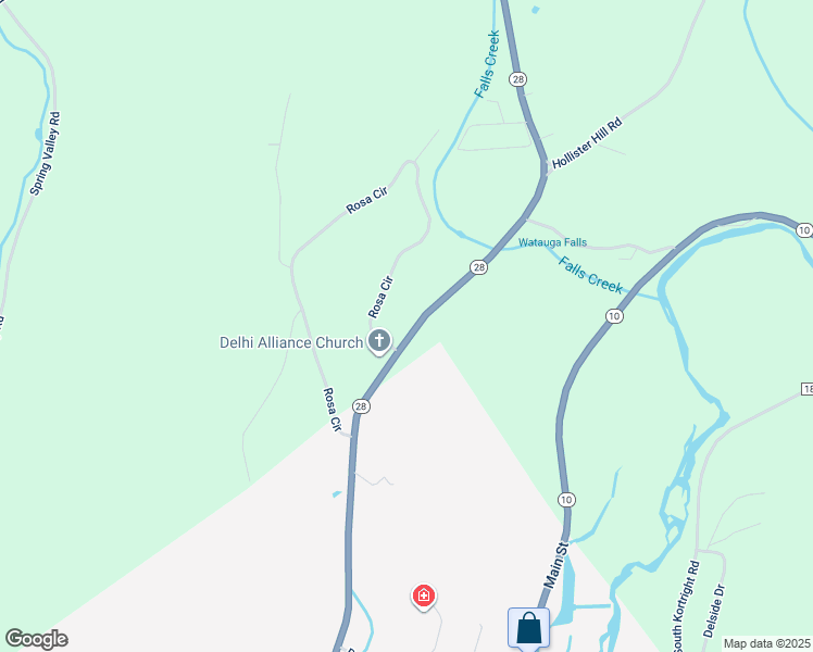 map of restaurants, bars, coffee shops, grocery stores, and more near 16084 Highway 28 in Delhi