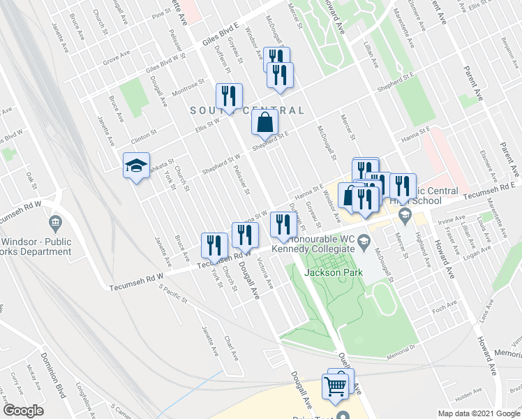 map of restaurants, bars, coffee shops, grocery stores, and more near 1584 Ouellette Avenue in Windsor