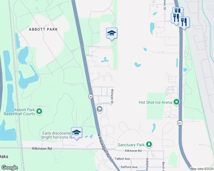 map of restaurants, bars, coffee shops, grocery stores, and more near 30027 Waukegan Road in Lake Bluff