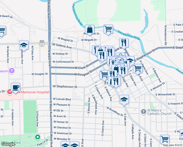 map of restaurants, bars, coffee shops, grocery stores, and more near 318 West Douglas Street in Freeport