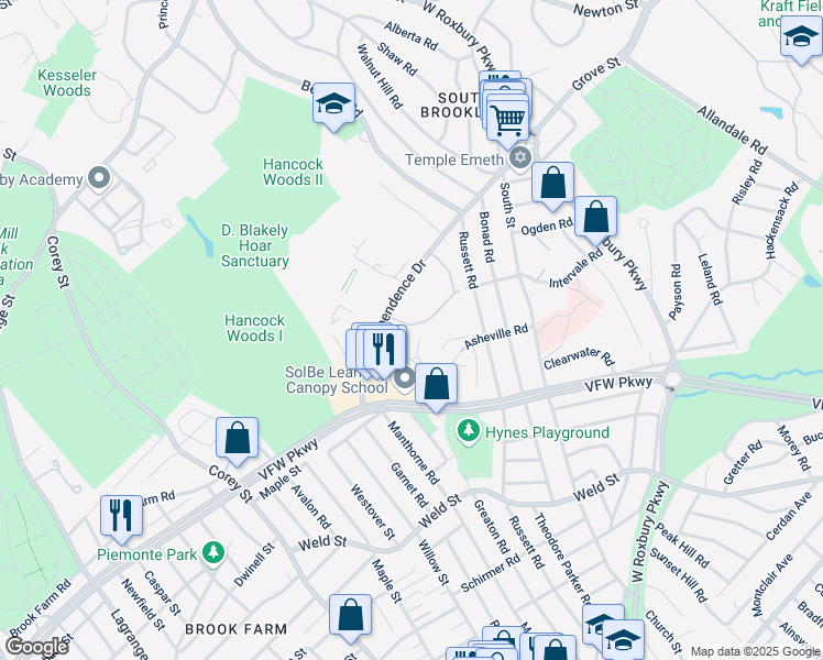 map of restaurants, bars, coffee shops, grocery stores, and more near 91 Thornton Road in Brookline