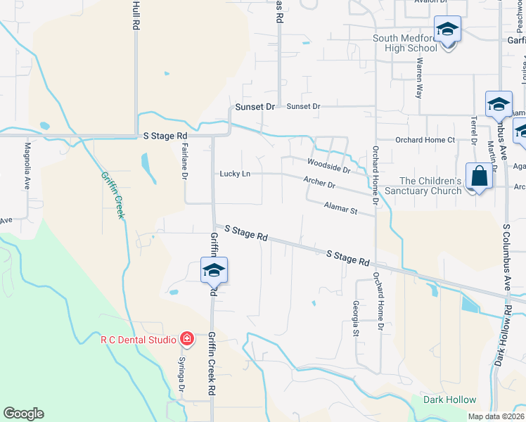 map of restaurants, bars, coffee shops, grocery stores, and more near 2440 South Stage Road in Medford