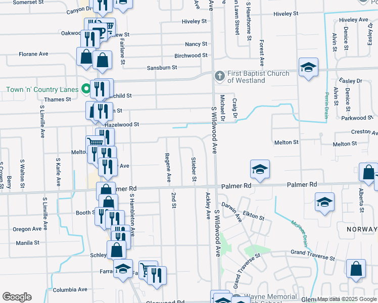 map of restaurants, bars, coffee shops, grocery stores, and more near 1591 Susan Street in Westland